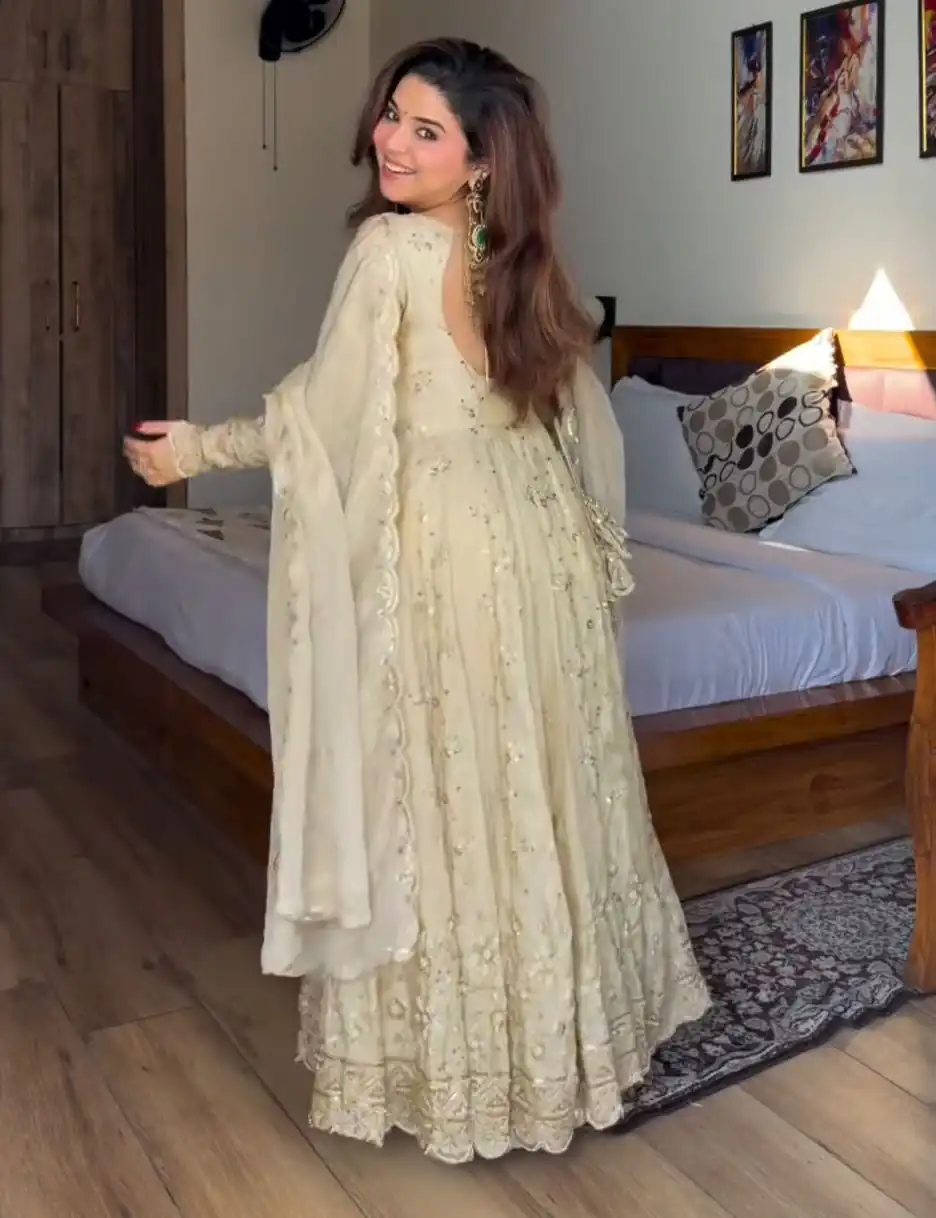 WW 1253 Cream Color Chinon Silk Sequence Lace Work Gown. Online Affordable Price ₹2549. Delivery 4-6 Working Days. Shop now. | Bollywood Gowns, Creative Gowns, Designer Gowns, Embroidered Gowns, Gowns, Party Wear Gowns