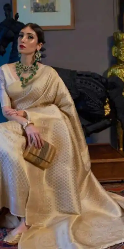 KPR 073 Off White Soft Lichi Silk Saree Perfect for Wedding, Party, Reception, Diwali, Ethnic Day – . Affordable Price ₹1299. Delivery 4-6 Working Days. | Creative Sarees, Bollywood Sarees, Designer Sarees, Embroidered Sarees, Ethnic Saree, Modern Digital sarees, Party Wear Sarees, Sarees