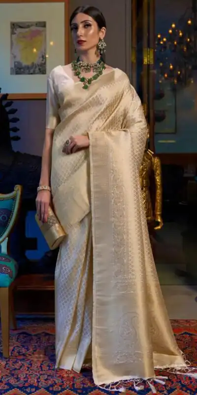 KPR 073 Off White Soft Lichi Silk Saree Perfect for Wedding, Party, Reception, Diwali, Ethnic Day – . Affordable Price ₹1299. Delivery 4-6 Working Days. | Creative Sarees, Bollywood Sarees, Designer Sarees, Embroidered Sarees, Ethnic Saree, Modern Digital sarees, Party Wear Sarees, Sarees