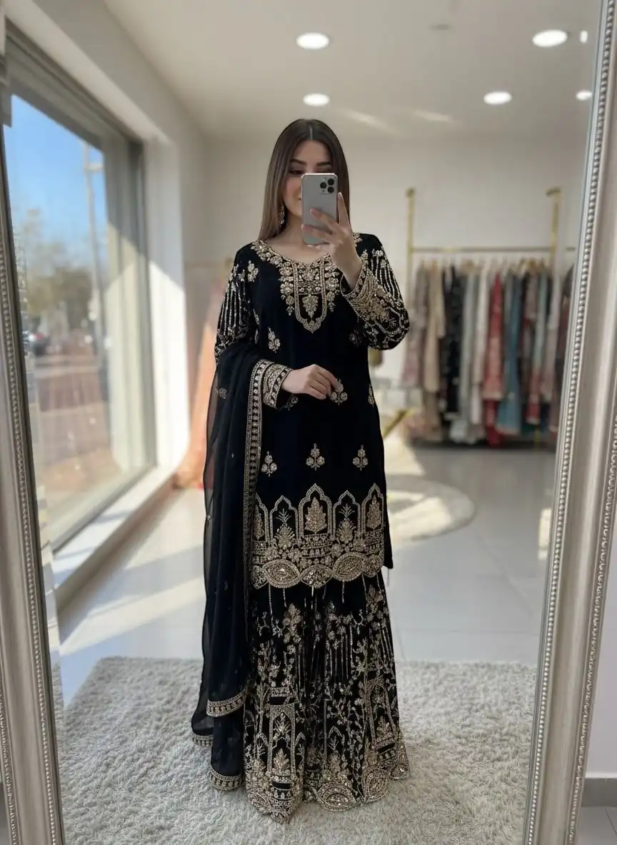 WW 1250 Black Faux Georgette With 5 mm Sequence Work Salwar Suit Wedding, Party, Festive, Events Etc. Expected Delivery 4-6 Working Days @2399/- | Casual Suits, Jump Suits, Creative suits, Designer Suits, Palazzo Suits, Party Wear Suits, Patiala Suits, Salwar suit, Straight Suits