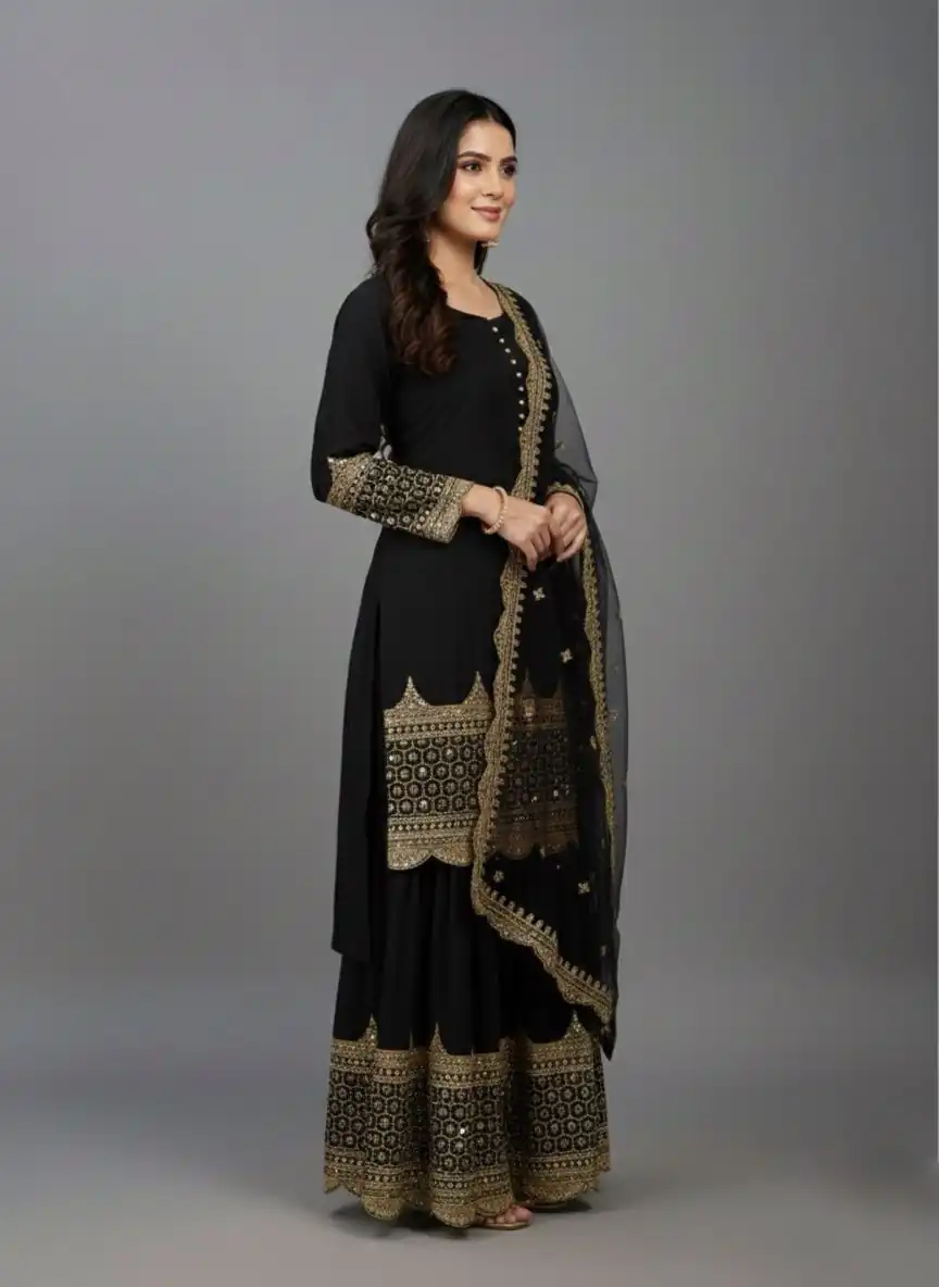 ZF 250 Black Color Faux Georgette Embroidery Sequence Work Sharara Suit Wedding, Party, Festive, Events Etc. Expected Delivery 4-6 Working Days @2099/- | Casual Suits, Jump Suits, Creative suits, Designer Suits, Palazzo Suits, Party Wear Suits, Patiala Suits, Salwar suit, Straight Suits