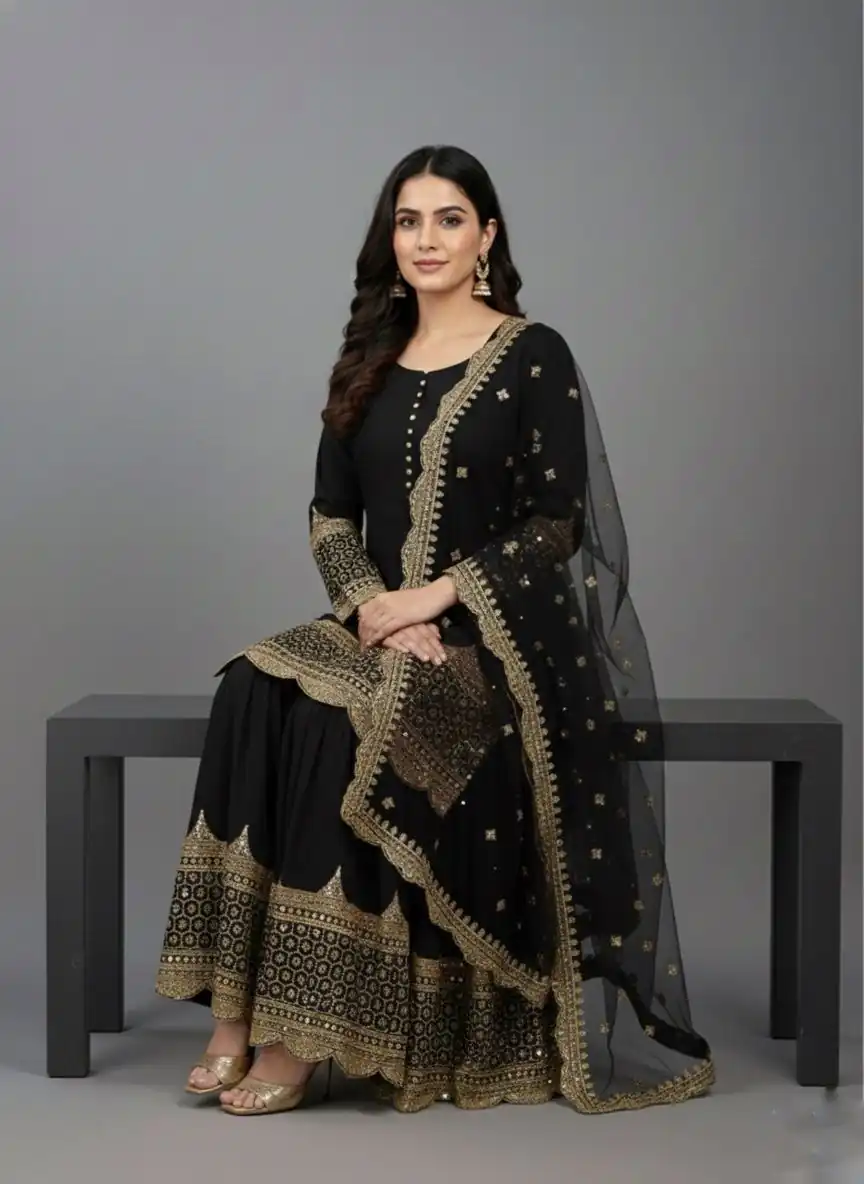 ZF 250 Black Color Faux Georgette Embroidery Sequence Work Sharara Suit Wedding, Party, Festive, Events Etc. Expected Delivery 4-6 Working Days @2099/- | Casual Suits, Jump Suits, Creative suits, Designer Suits, Palazzo Suits, Party Wear Suits, Patiala Suits, Salwar suit, Straight Suits