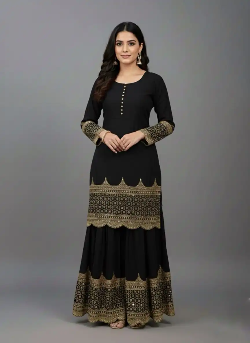 ZF 250 Black Color Faux Georgette Embroidery Sequence Work Sharara Suit Wedding, Party, Festive, Events Etc. Expected Delivery 4-6 Working Days @2099/- | Casual Suits, Jump Suits, Creative suits, Designer Suits, Palazzo Suits, Party Wear Suits, Patiala Suits, Salwar suit, Straight Suits