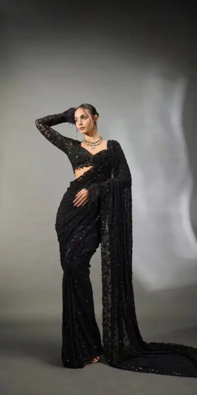 DF 3474 Black Faux Georgette Saree Perfect for Wedding, Party, Bridal Wear, Baisakhi, Raksha Bandhan –. Introductory Price ₹1799. Delivery 4-6 Workin | Creative Sarees, Bollywood Sarees, Designer Sarees, Embroidered Sarees, Ethnic Saree, Modern Digital sarees, Party Wear Sarees, Sarees