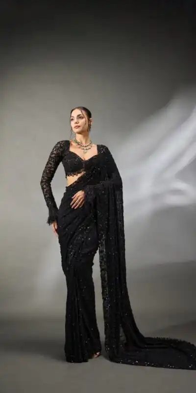 DF 3474 Black Faux Georgette Saree Perfect for Wedding, Party, Bridal Wear, Baisakhi, Raksha Bandhan –. Introductory Price ₹1799. Delivery 4-6 Workin | Creative Sarees, Bollywood Sarees, Designer Sarees, Embroidered Sarees, Ethnic Saree, Modern Digital sarees, Party Wear Sarees, Sarees
