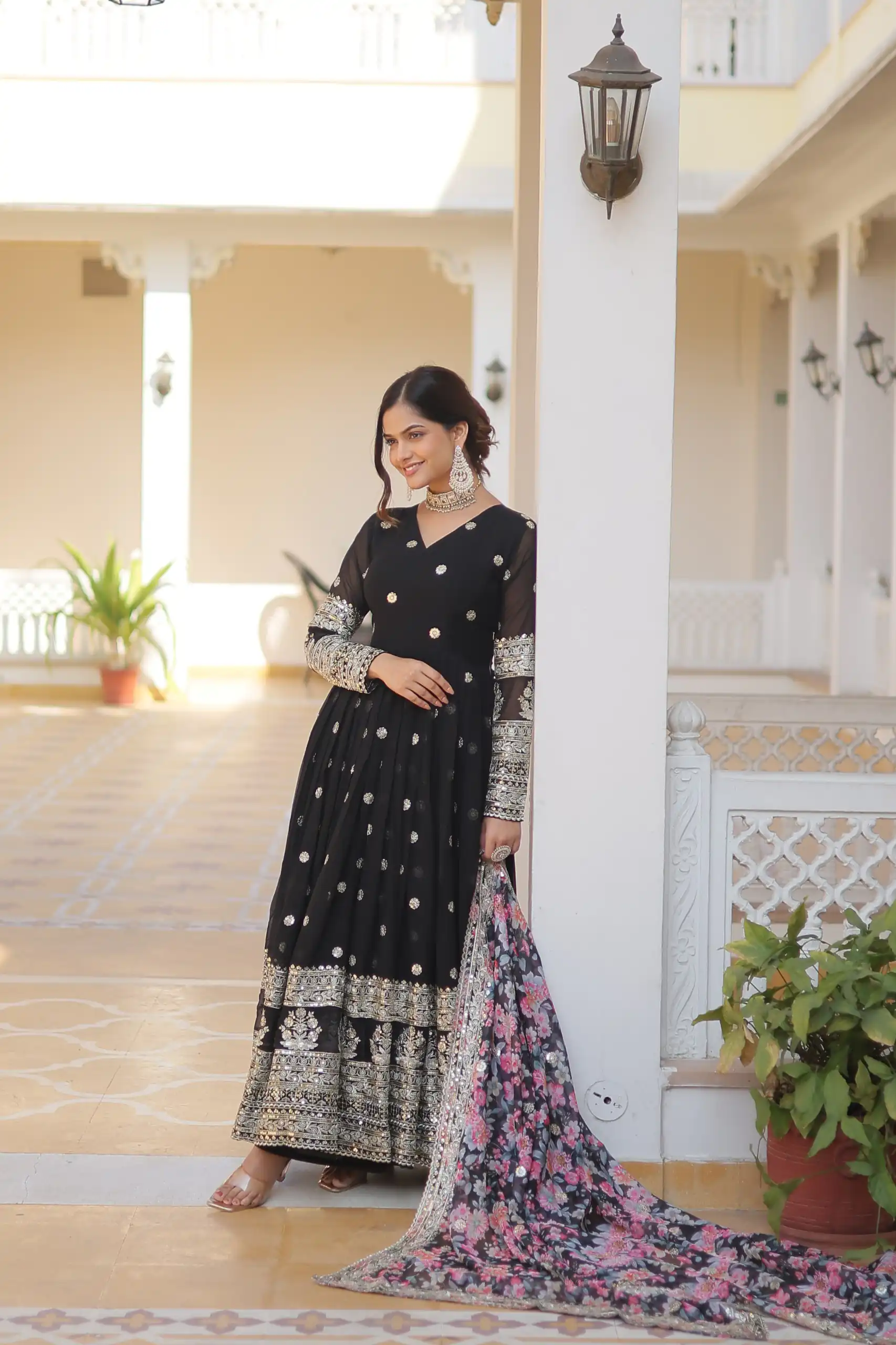 Black Faux Georgette With Embroidery Work Gown - Image 3