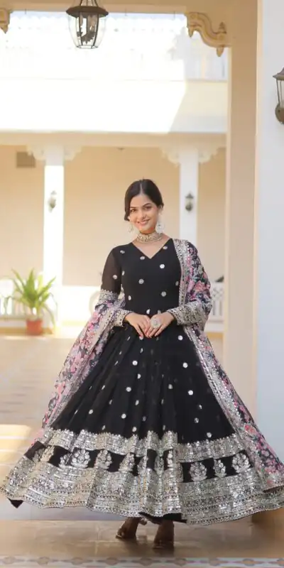 KA 1078 Black Faux Georgette Gown Perfect for Wedding, Party, Makar Sankranti, Karwa Chauth, Ethnic Day – . Now at just ₹3349. Delivery 4-6 Working D | Bollywood Gowns, Creative Gowns, Designer Gowns, Embroidered Gowns, Gowns, Party Wear Gowns