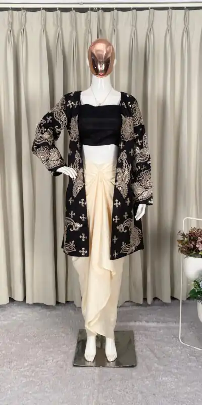 Black French Crape Embroidery Work Dhoti Suit