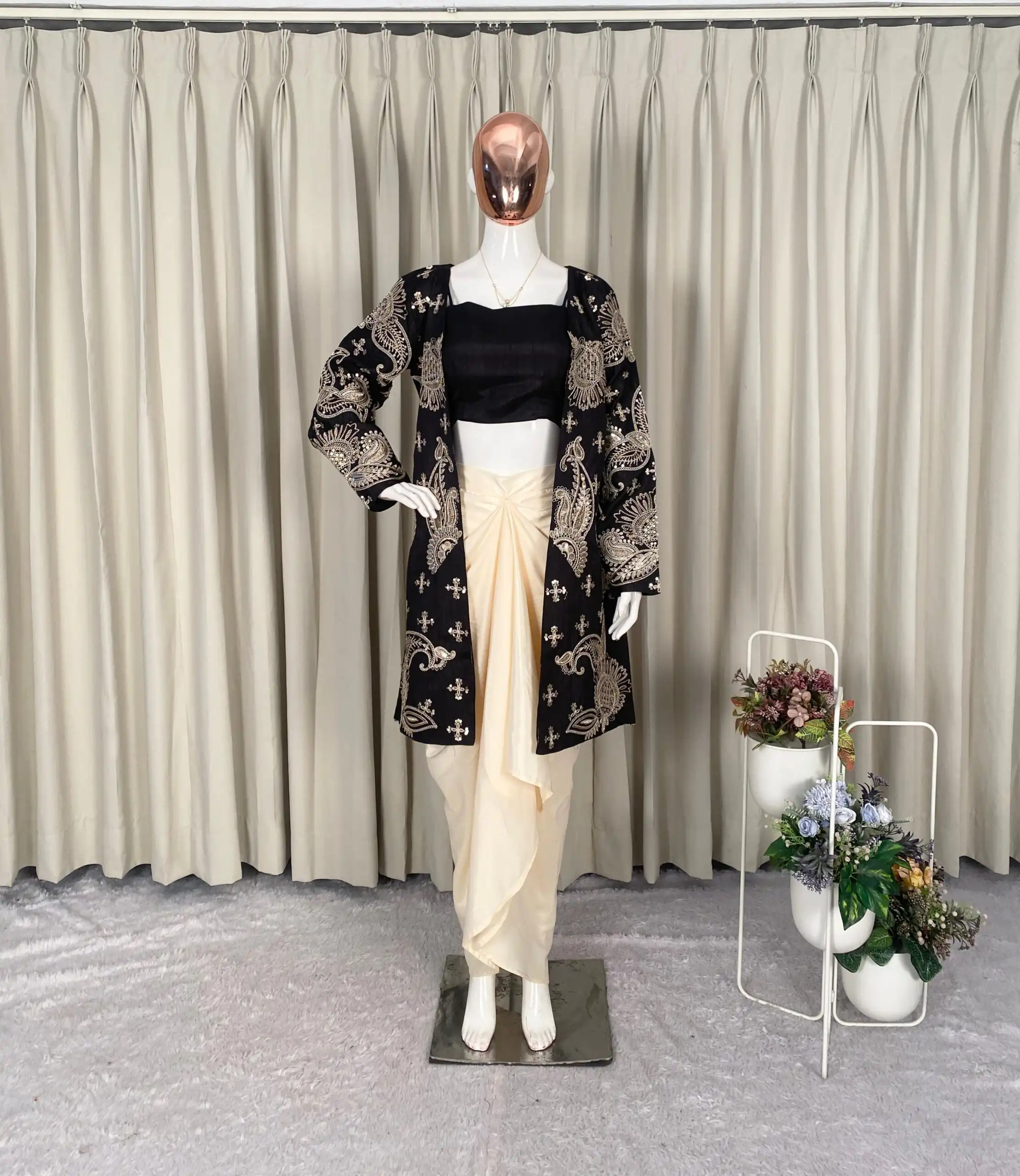 BE 450 Black French Crape Dhoti SuitPerfect for Wedding, Party, Makar Sankranti, Pongal, Anniversary – . Exclusive Offer ₹1999. Delivery 4-6 Working Da | Casual Suits, Jump Suits, Creative suits, Designer Suits, Palazzo Suits, Party Wear Suits, Patiala Suits, Salwar suit, Straight Suits