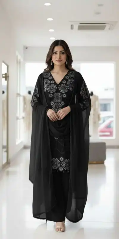 LG 2063 Black Faux Georgette Salwar Suit with Sequins Work & Embroidery Work. Introductory Price ₹2149. Delivery 4-6 Working Days. Shop now. | Casual Suits, Jump Suits, Creative suits, Designer Suits, Palazzo Suits, Party Wear Suits, Patiala Suits, Salwar suit, Straight Suits
