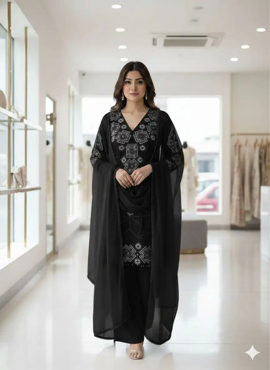 LG 2063 Black Faux Georgette Salwar Suit with Sequins Work & Embroidery Work. Introductory Price ₹2149. Delivery 4-6 Working Days. Shop now. | Casual Suits, Jump Suits, Creative suits, Designer Suits, Palazzo Suits, Party Wear Suits, Patiala Suits, Salwar suit, Straight Suits