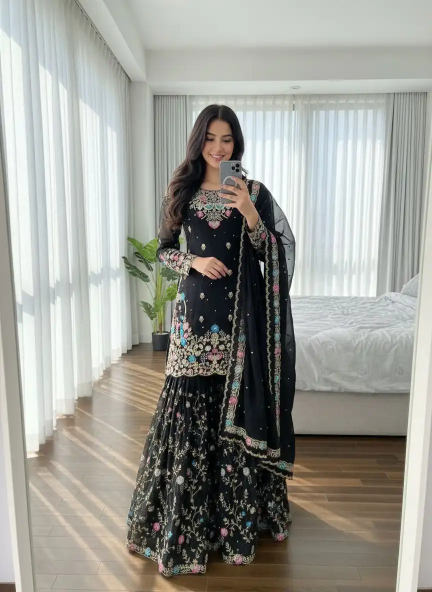 Black Organza Silk Sequence Moti Work Salwar Suit