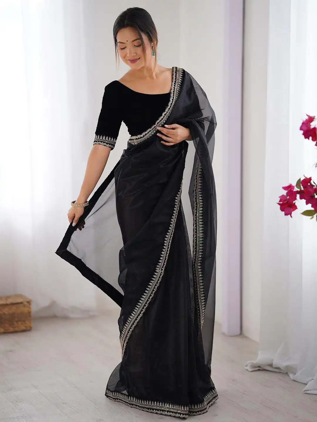 SC 1017 Black Soft Twil Net Silk Saree Perfect for Wedding, Party, Temple Visit, Reception, Sangeet – . Now at just ₹1699. Delivery 4-6 Working Days. | Creative Sarees, Bollywood Sarees, Designer Sarees, Embroidered Sarees, Ethnic Saree, Modern Digital sarees, Party Wear Sarees, Sarees