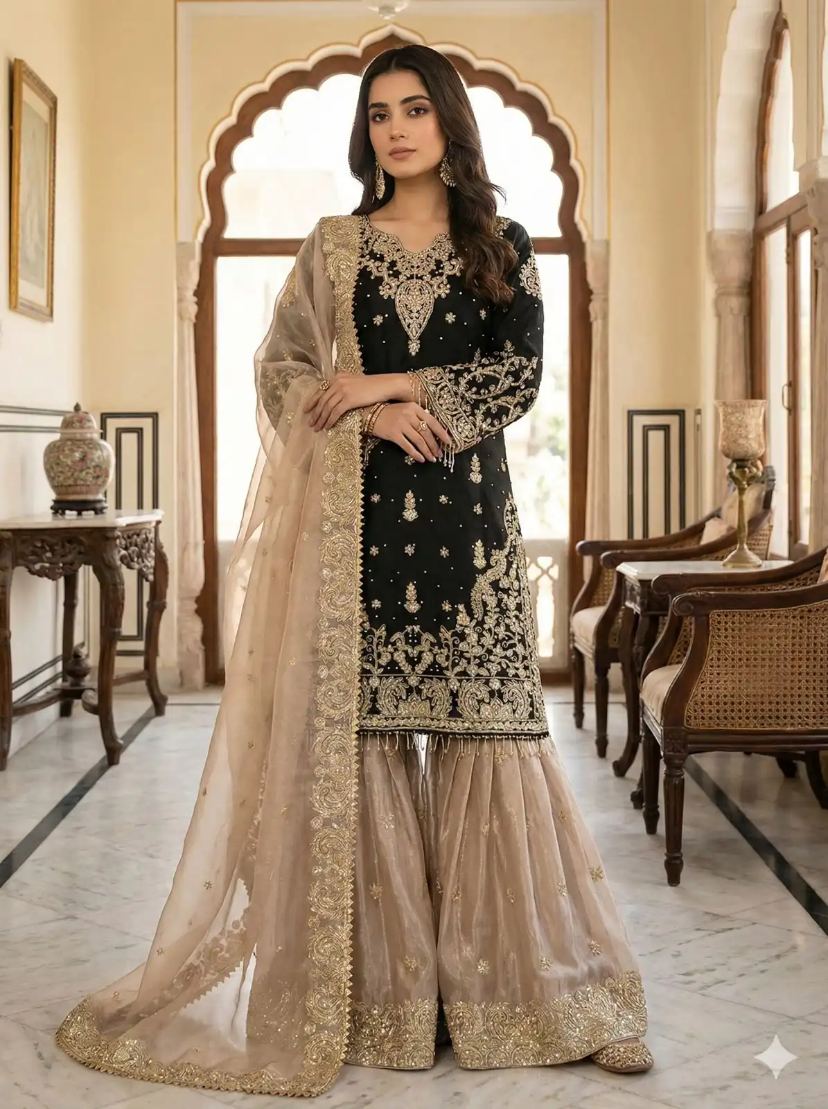 Black Zimmy Choo Silk Embroidery Work Slwar Suit