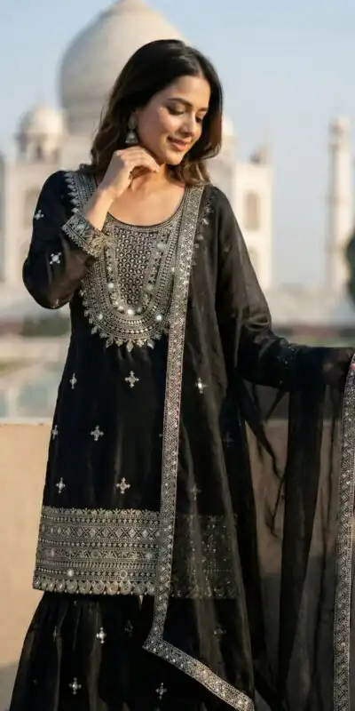 ZSR 3160 Black Zimmy Silk Salwar Suit with Embroidery Work & Mirror Work. Grab it for ₹2399. Delivery 4-6 Working Days. Shop now. | Casual Suits, Jump Suits, Creative suits, Designer Suits, Palazzo Suits, Party Wear Suits, Patiala Suits, Salwar suit, Straight Suits
