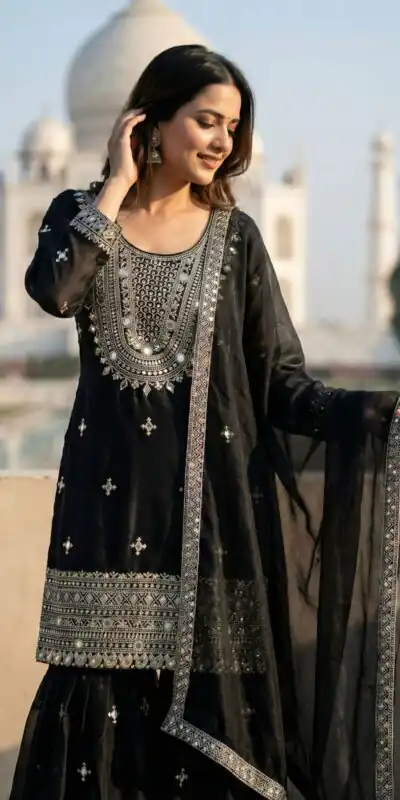 ZSR 3160 Black Zimmy Silk Salwar Suit with Embroidery Work & Mirror Work. Grab it for ₹2399. Delivery 4-6 Working Days. Shop now. | Casual Suits, Jump Suits, Creative suits, Designer Suits, Palazzo Suits, Party Wear Suits, Patiala Suits, Salwar suit, Straight Suits