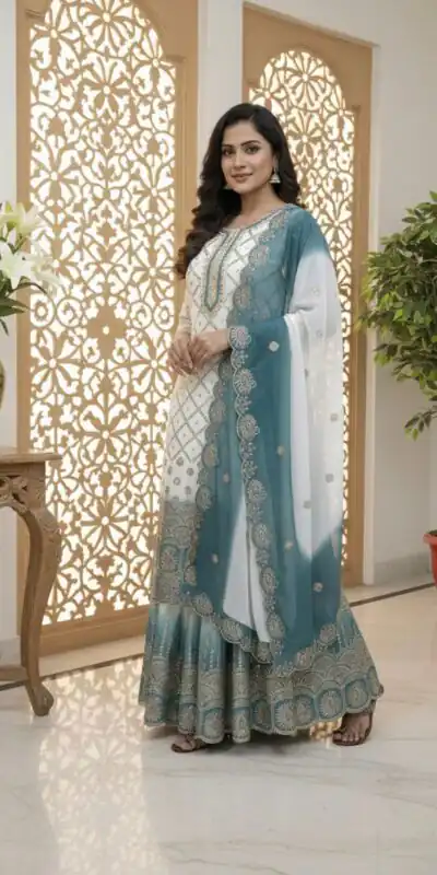 AD 223 Blue Dual Tone Star Georgette Salwar Suit with Embroidery Work. Get it for ₹2399. Delivery 4-6 Working Days. Shop now. | Casual Suits, Jump Suits, Creative suits, Designer Suits, Palazzo Suits, Party Wear Suits, Patiala Suits, Salwar suit, Straight Suits