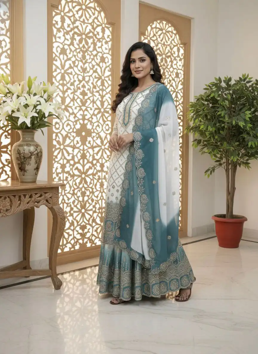AD 223 Blue Dual Tone Star Georgette Salwar Suit with Embroidery Work. Get it for ₹2399. Delivery 4-6 Working Days. Shop now. | Casual Suits, Jump Suits, Creative suits, Designer Suits, Palazzo Suits, Party Wear Suits, Patiala Suits, Salwar suit, Straight Suits