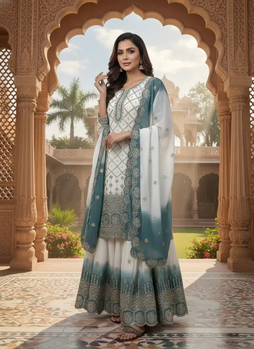 AD 223 Blue Dual Tone Star Georgette Salwar Suit with Embroidery Work. Get it for ₹2399. Delivery 4-6 Working Days. Shop now. | Casual Suits, Jump Suits, Creative suits, Designer Suits, Palazzo Suits, Party Wear Suits, Patiala Suits, Salwar suit, Straight Suits