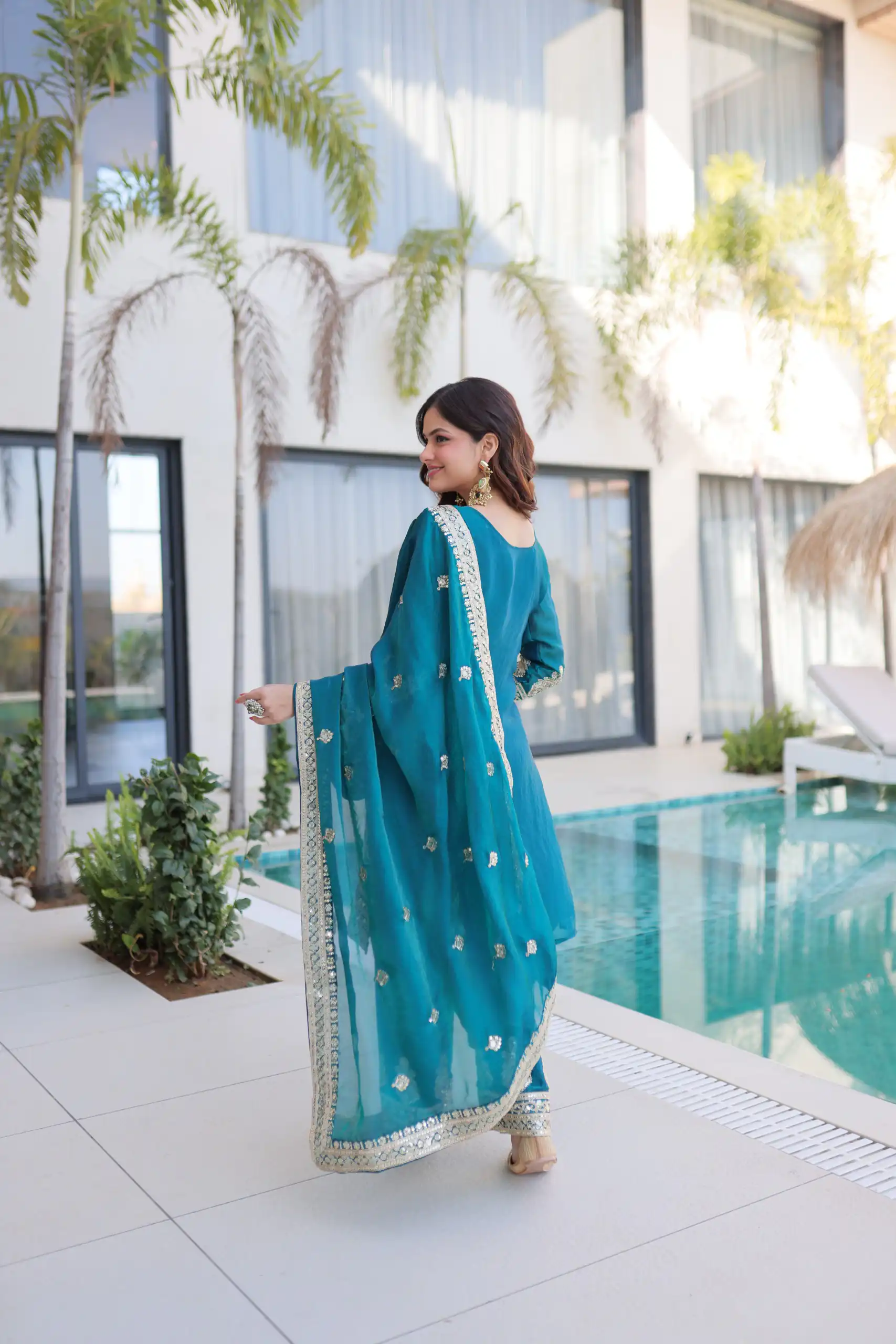 Blue Fendi Silk Embroidery Sequins Work Salwar Suit - Image 5