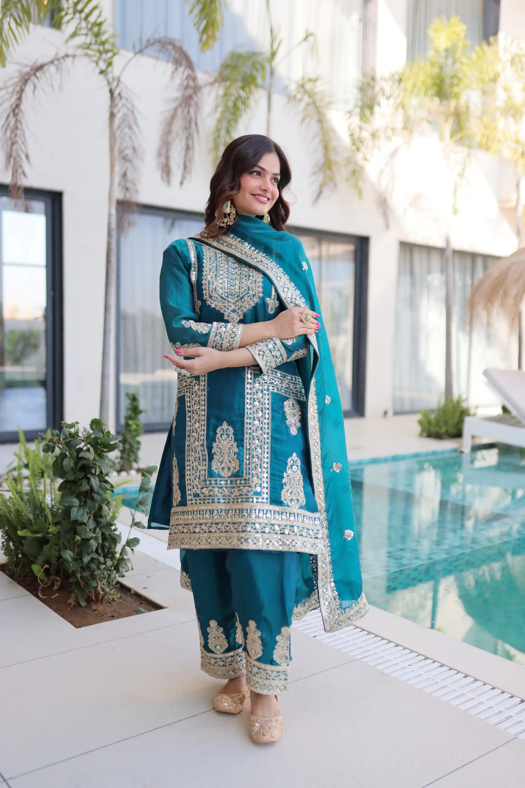 Blue Fendi Silk Embroidery Sequins Work Salwar Suit