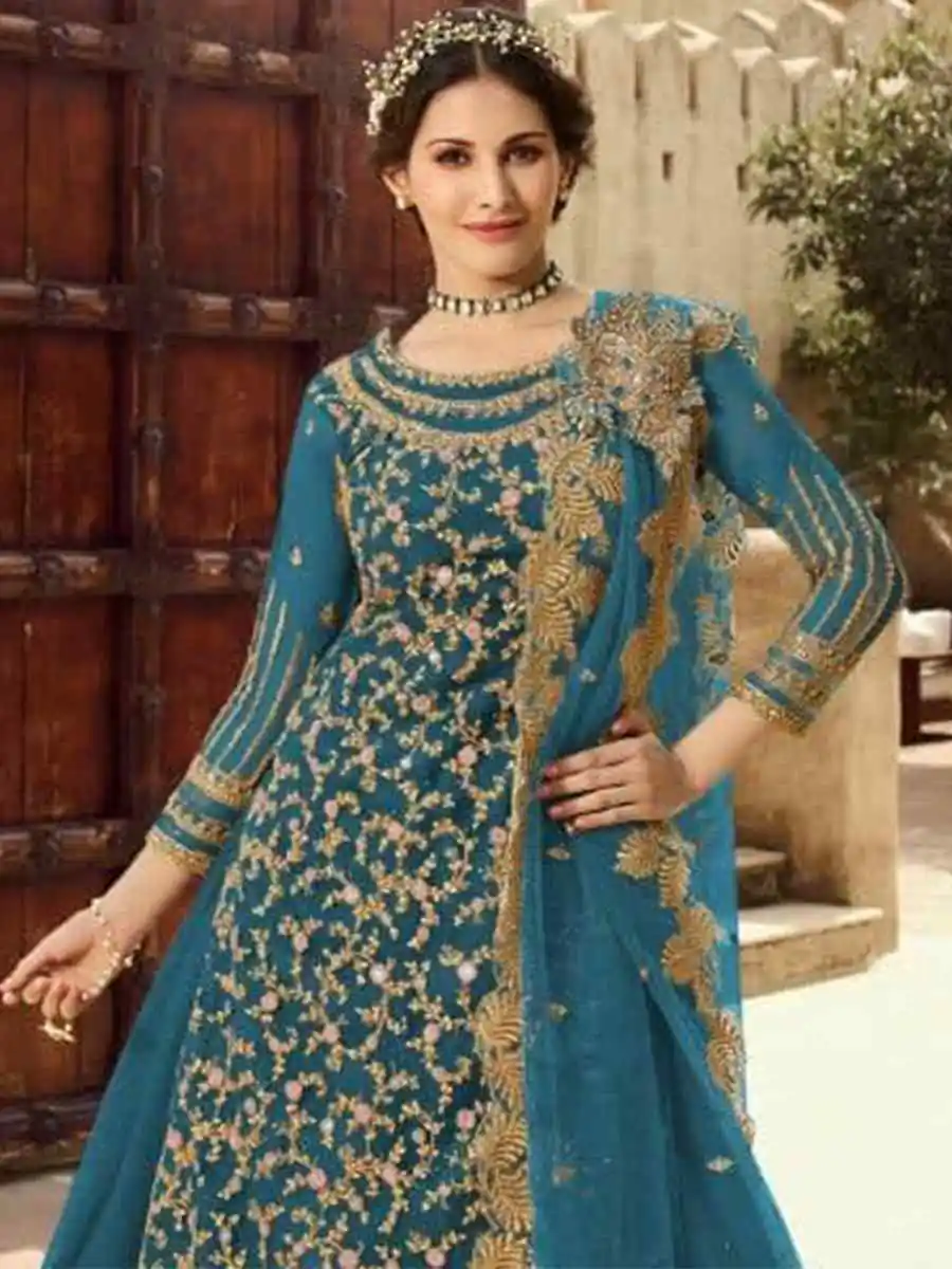 Blue Soft Net With Embroidery Work Salwar Suit - Image 2
