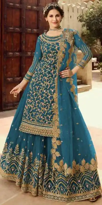 Blue Soft Net With Embroidery Work Salwar Suit