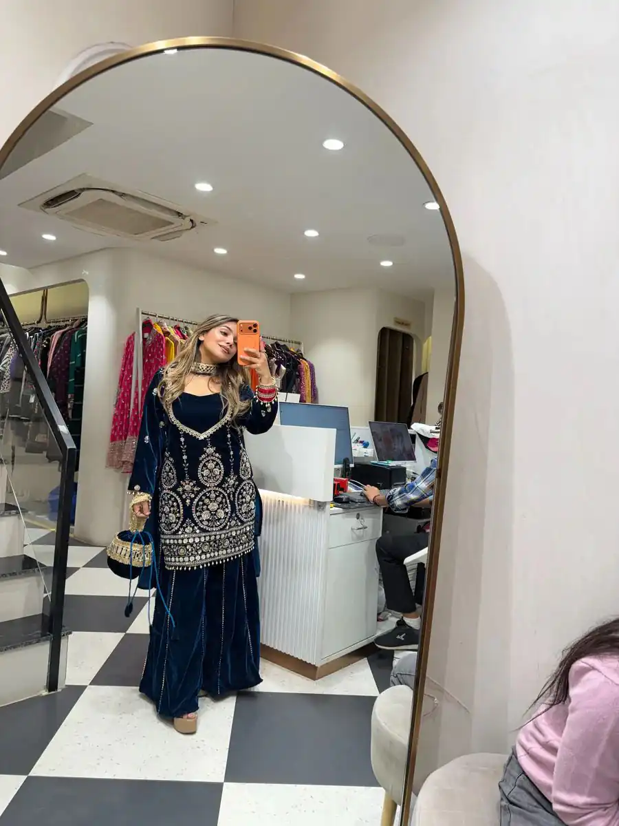 LG 2038 Blue Velvet Salwar Suit with Embroidery Work & Mirror Work. Grab it for ₹2099. Delivery 4-6 Working Days. Shop now. | Casual Suits, Jump Suits, Creative suits, Designer Suits, Palazzo Suits, Party Wear Suits, Patiala Suits, Salwar suit, Straight Suits