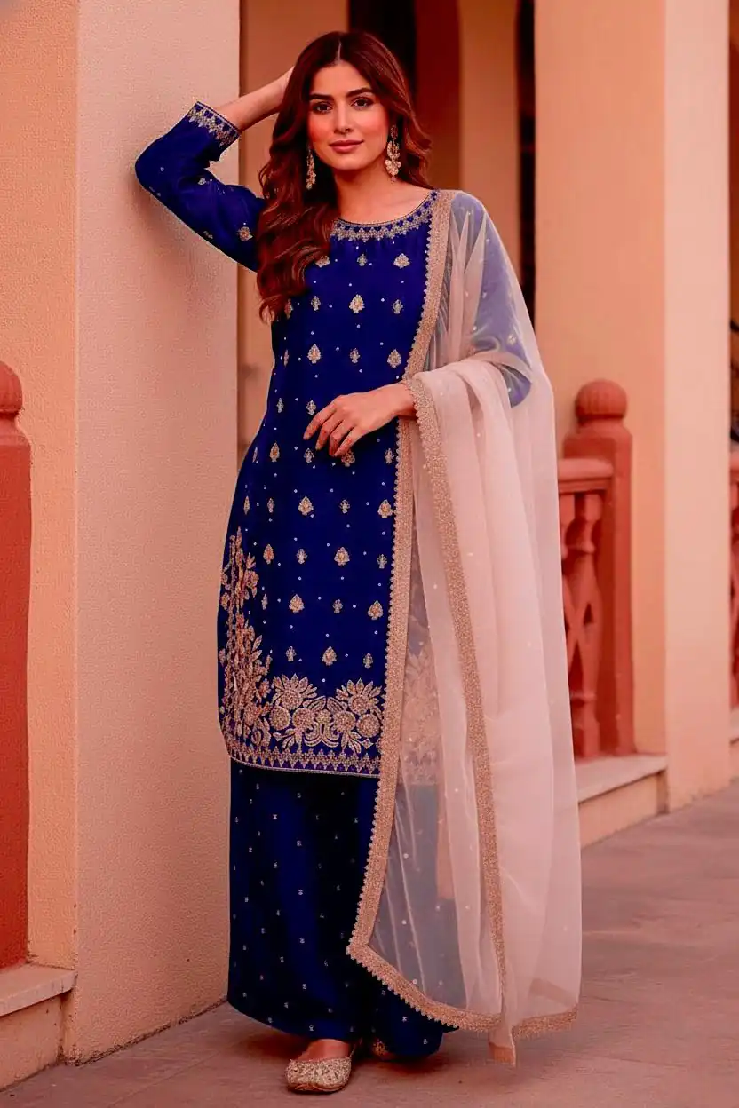KF 1717 Blue Zimmy Silk Salwar Suit with Lace Work & Embroidery Work. Affordable Price ₹2149. Delivery 4-6 Working Days. Shop now. | Casual Suits, Jump Suits, Creative suits, Designer Suits, Palazzo Suits, Party Wear Suits, Patiala Suits, Salwar suit, Straight Suits