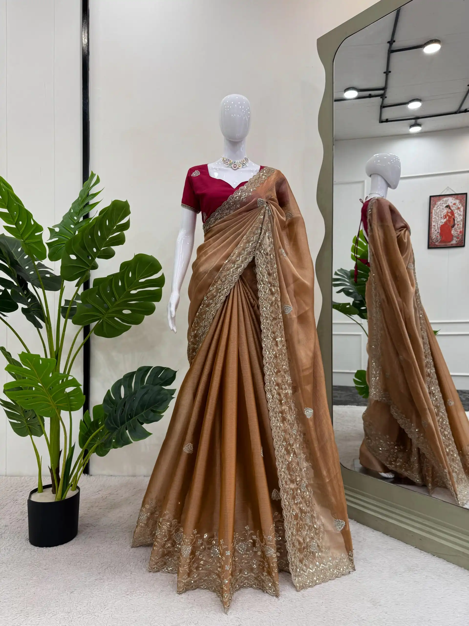 KD 566 Brown Burberry Silk Sequence work Saree with Designer Work. Special Price ₹1949. Delivery 4-6 Working Days. Shop now. | Creative Sarees, Bollywood Sarees, Designer Sarees, Embroidered Sarees, Ethnic Saree, Modern Digital sarees, Party Wear Sarees, Sarees