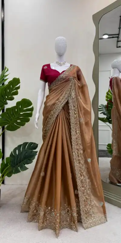 Brown Burberry Silk Sequence Work Saree