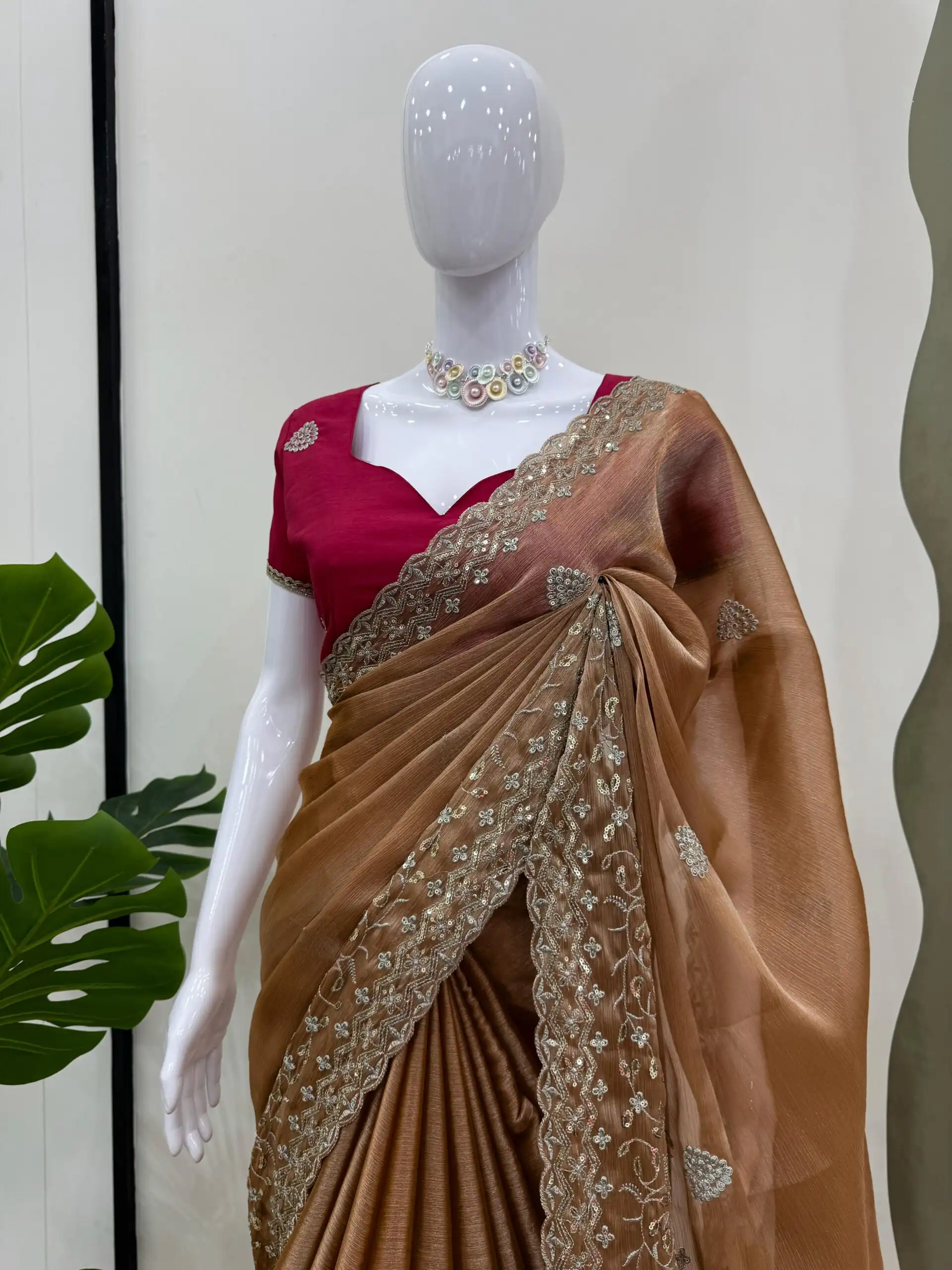 Brown Burberry Silk Sequence Work Saree - Image 3