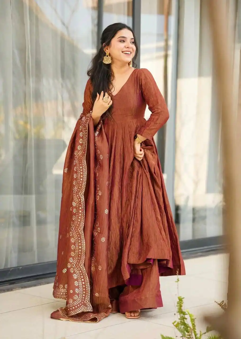 SSR 5006 Brown Fandy Silk Gown Perfect for Wedding, Party, Pongal, Traditional Day, Baby Shower – . Get it for ₹1999. Delivery 4-6 Working Days. Shop | Bollywood Gowns, Creative Gowns, Designer Gowns, Embroidered Gowns, Gowns, Party Wear Gowns