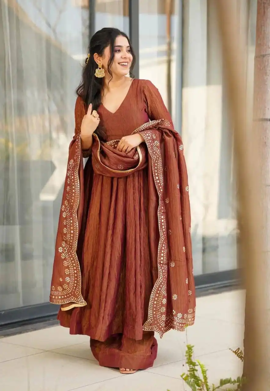 Brown Fandy Silk Embroidery Work Gown - Image 2