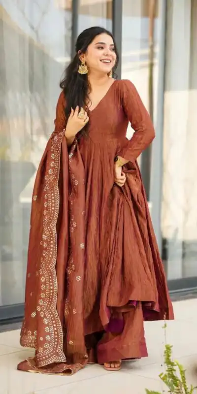 Brown Fandy Silk Embroidery Work Gown