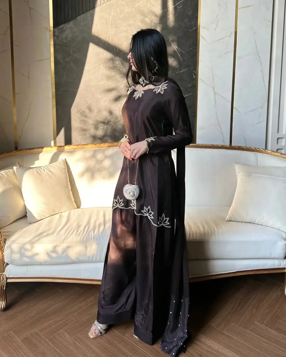 Brown Natural Crep Embroidery Work Salwar Suit - Image 2