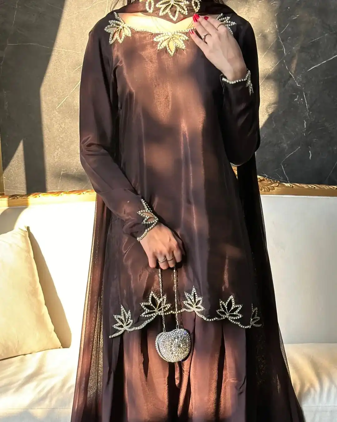 NF 1270 Brown Natural Crep Salwar Suit Brown with Embroidery Work. Exclusive Offer ₹1899. Delivery 4-6 Working Days. Shop now. | Casual Suits, Jump Suits, Creative suits, Designer Suits, Palazzo Suits, Party Wear Suits, Patiala Suits, Salwar suit, Straight Suits