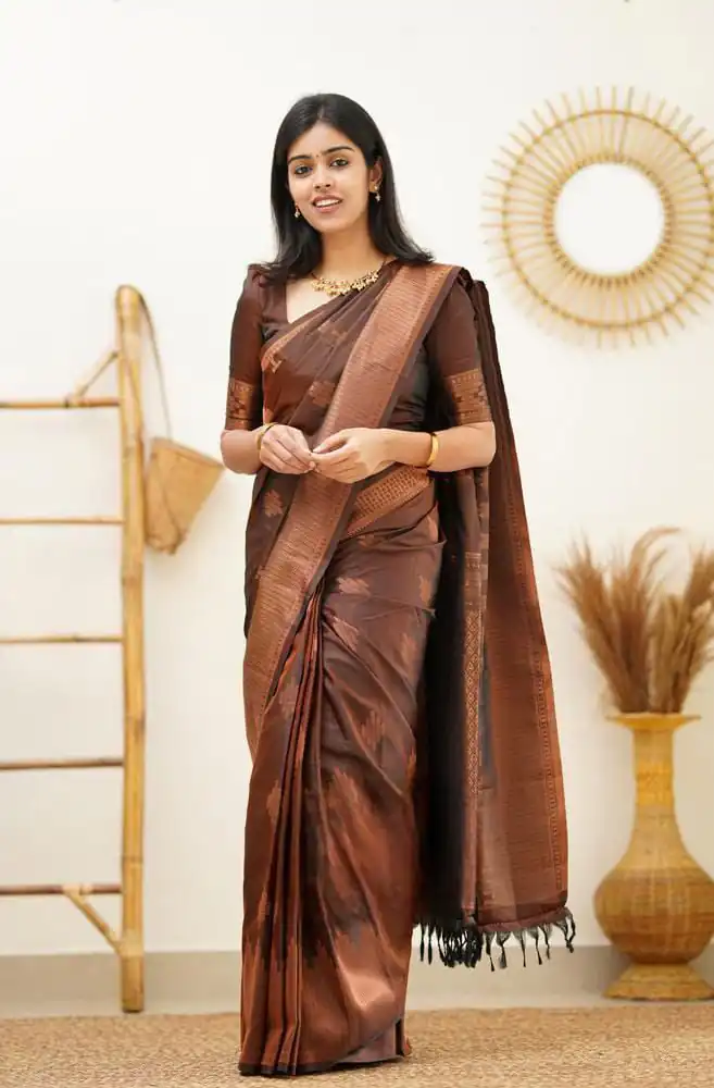 KPR 136 Brown in Soft Lichi Silk Lace Border & Lace Work Saree . Exclusive Offer ₹1299. Delivery 4-6 Working Days. Shop now. | Creative Sarees, Bollywood Sarees, Designer Sarees, Embroidered Sarees, Ethnic Saree, Modern Digital sarees, Party Wear Sarees, Sarees