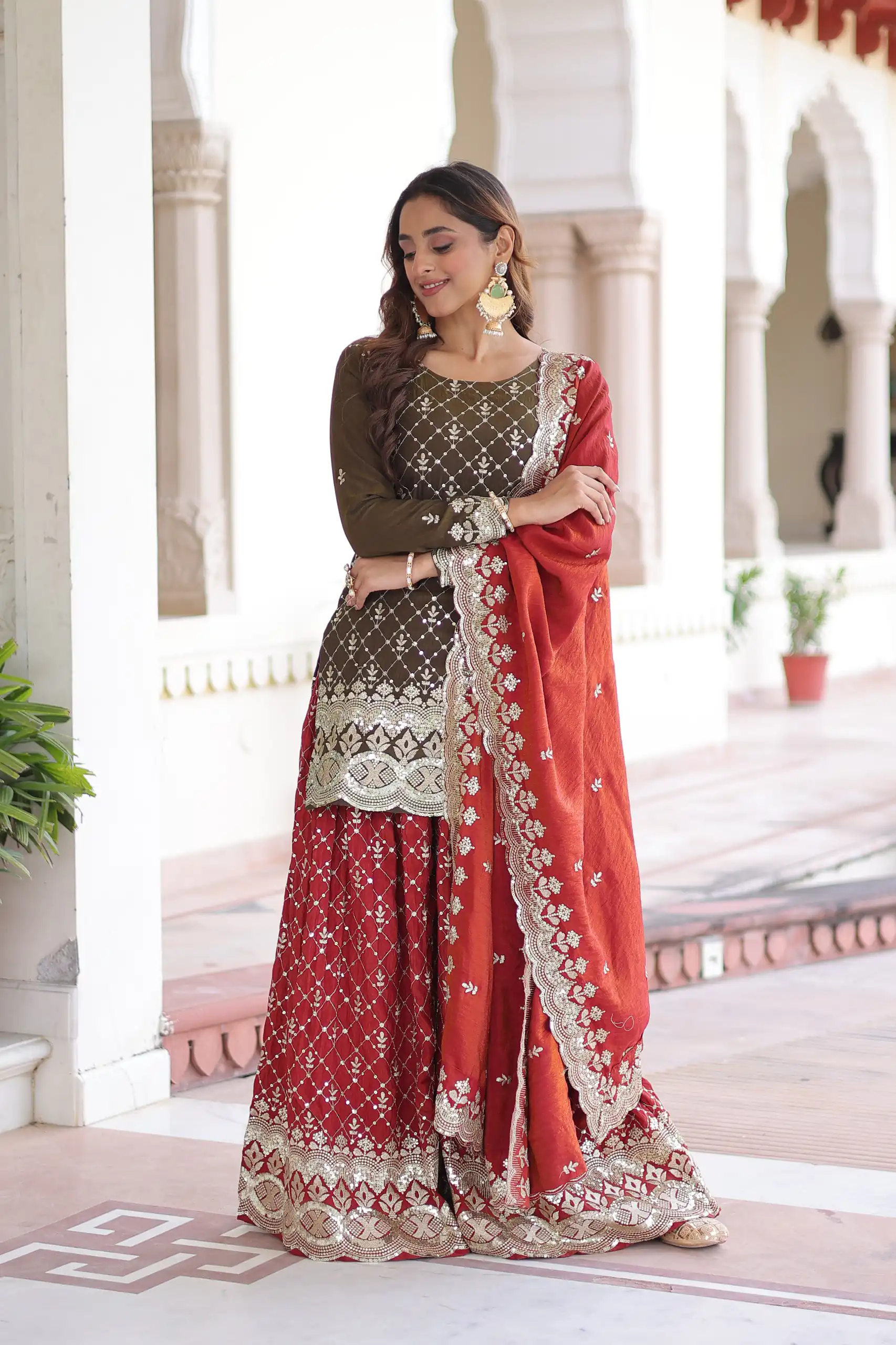 Brown Vichitra Silk Zari Embroidery Work Salwar Suit - Image 4