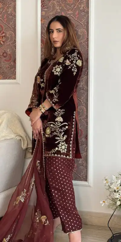 MF 488 Brown Viscose Velvet Salwar Suit. Perfect for Wedding, Party, Lohri, Makar Sankranti, Engagement – Affordable Price ₹2149. Delivery 4-6 Workin | Casual Suits, Jump Suits, Creative suits, Designer Suits, Palazzo Suits, Party Wear Suits, Patiala Suits, Salwar suit, Straight Suits