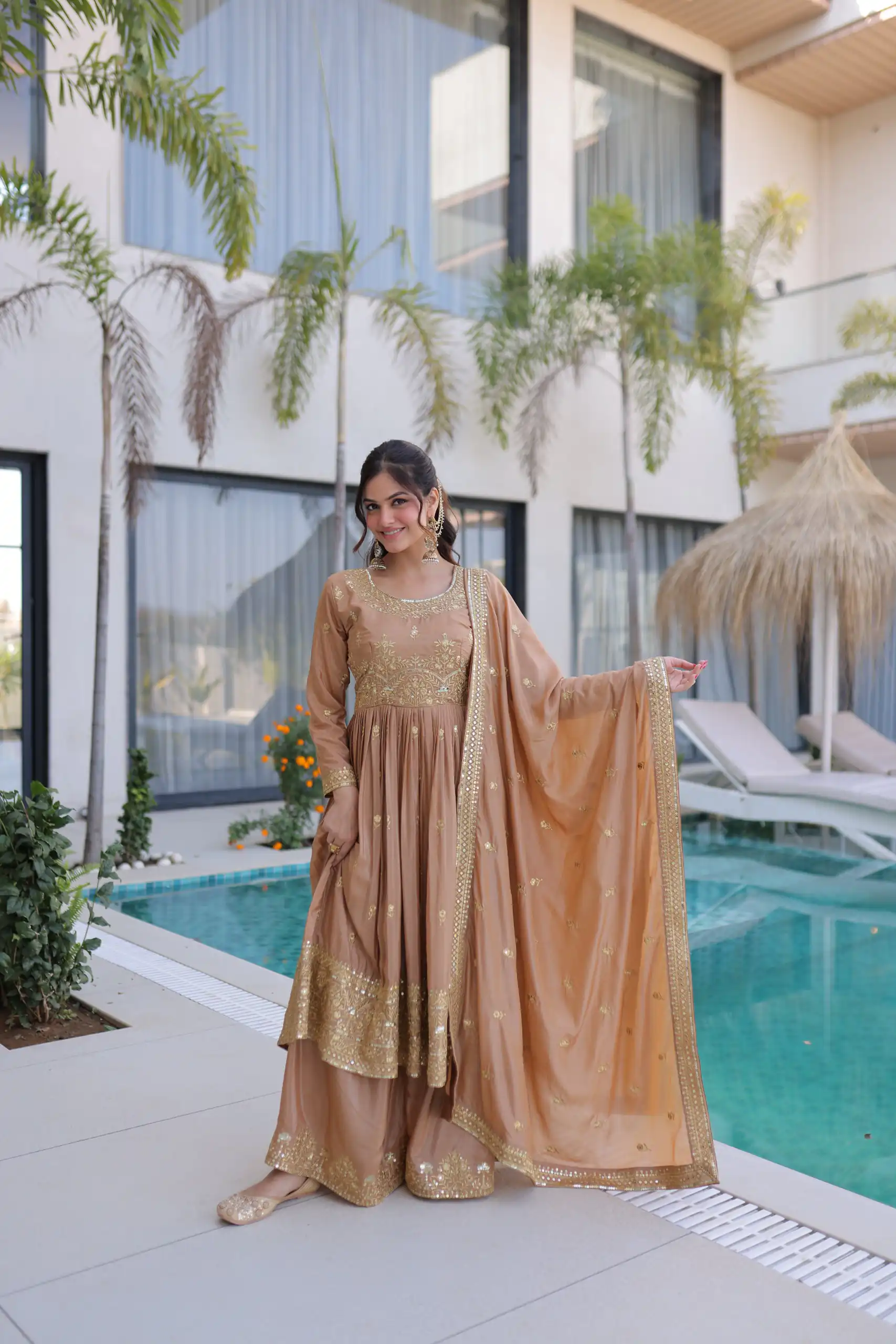 KA 1233 Chiku Super Silk Salwar SuitPerfect for Wedding, Party, Sangeet, Family Gatherings, Reception – . Festive Deal ₹2649. Delivery 4-6 Working Da | Casual Suits, Jump Suits, Creative suits, Designer Suits, Palazzo Suits, Party Wear Suits, Patiala Suits, Salwar suit, Straight Suits