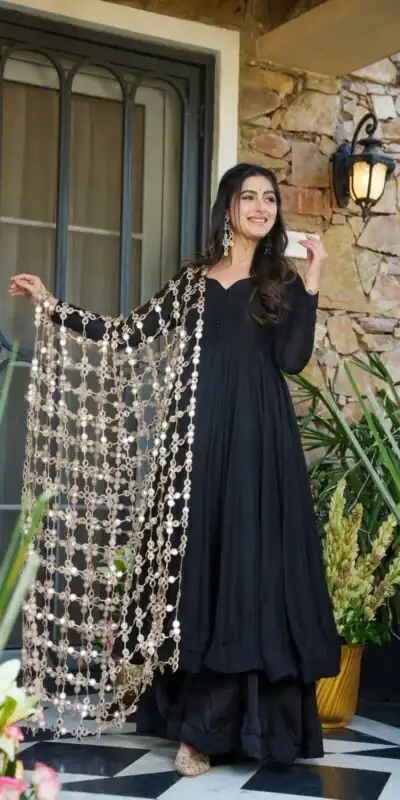JF 036 Black Color Classic Roman Silk Gown with Embroidery Work. Available at ₹2599 only. Delivery 4-6 Working Days. Shop now. | Bollywood Gowns, Creative Gowns, Designer Gowns, Embroidered Gowns, Gowns, Party Wear Gowns
