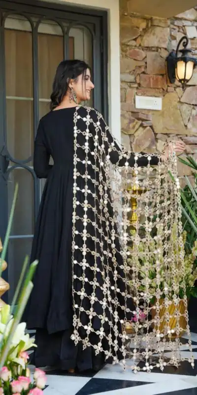 JF 036 Black Color Classic Roman Silk Gown with Embroidery Work. Available at ₹2599 only. Delivery 4-6 Working Days. Shop now. | Bollywood Gowns, Creative Gowns, Designer Gowns, Embroidered Gowns, Gowns, Party Wear Gowns