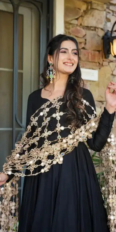 JF 036 Black Color Classic Roman Silk Gown with Embroidery Work. Available at ₹2599 only. Delivery 4-6 Working Days. Shop now. | Bollywood Gowns, Creative Gowns, Designer Gowns, Embroidered Gowns, Gowns, Party Wear Gowns