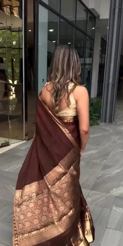 KP 6051 Brown Soft Lichi Silk Saree Perfect for Wedding, Party, Reception, Diwali, Ethnic Day – . Affordable Price ₹1349. Delivery 4-6 Working Days. | Creative Sarees, Bollywood Sarees, Designer Sarees, Embroidered Sarees, Ethnic Saree, Modern Digital sarees, Party Wear Sarees, Sarees