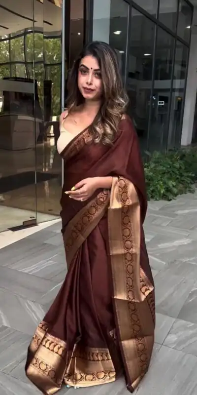 KP 6051 Brown Soft Lichi Silk Saree Perfect for Wedding, Party, Reception, Diwali, Ethnic Day – . Affordable Price ₹1349. Delivery 4-6 Working Days. | Creative Sarees, Bollywood Sarees, Designer Sarees, Embroidered Sarees, Ethnic Saree, Modern Digital sarees, Party Wear Sarees, Sarees