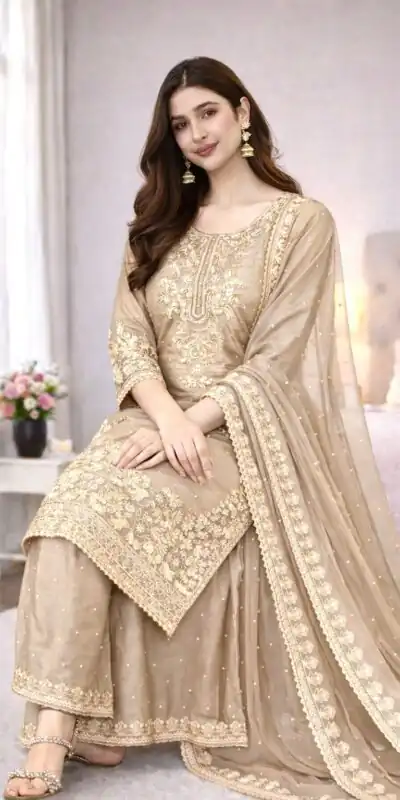 SSR 535 Chiku Color in Organza Silk Embroidery Work Salwar Suit . Available at ₹2399 only. Delivery 4-6 Working Days. Shop now. | Casual Suits, Jump Suits, Creative suits, Designer Suits, Palazzo Suits, Party Wear Suits, Patiala Suits, Salwar suit, Straight Suits