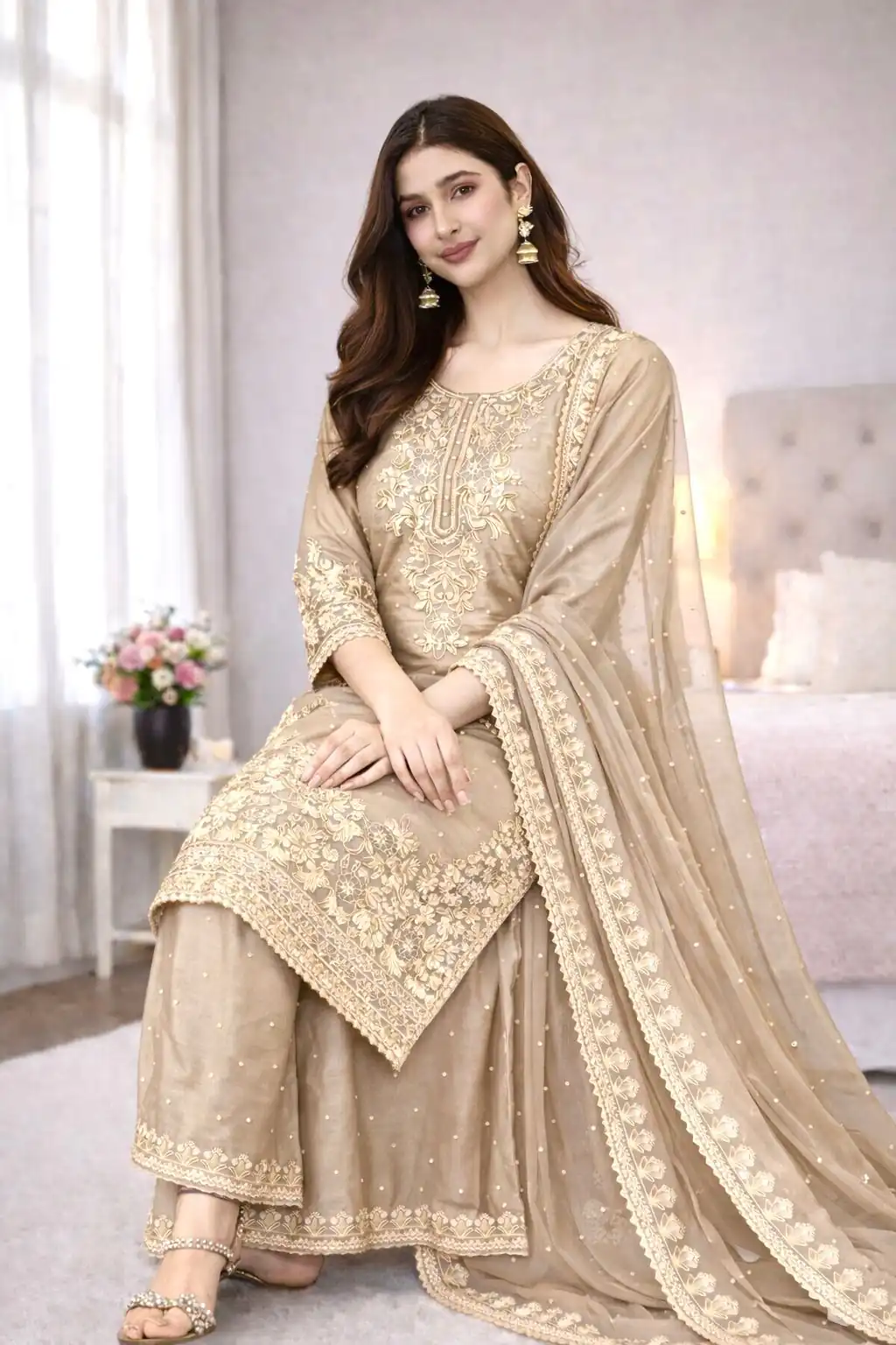 SSR 535 Chiku Color in Organza Silk Embroidery Work Salwar Suit . Available at ₹2399 only. Delivery 4-6 Working Days. Shop now. | Casual Suits, Jump Suits, Creative suits, Designer Suits, Palazzo Suits, Party Wear Suits, Patiala Suits, Salwar suit, Straight Suits