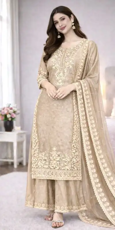 SSR 535 Chiku Color in Organza Silk Embroidery Work Salwar Suit . Available at ₹2399 only. Delivery 4-6 Working Days. Shop now. | Casual Suits, Jump Suits, Creative suits, Designer Suits, Palazzo Suits, Party Wear Suits, Patiala Suits, Salwar suit, Straight Suits