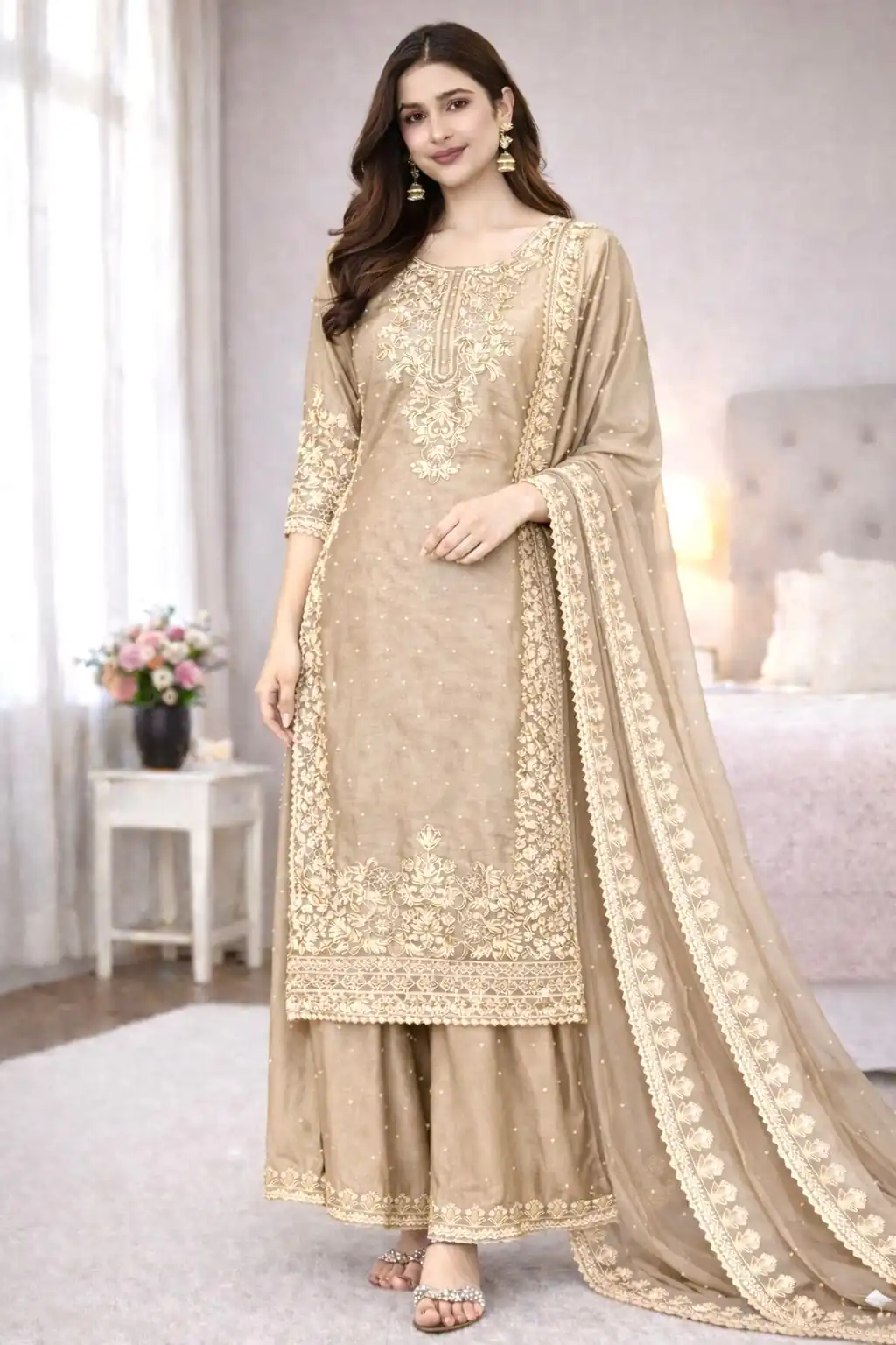 SSR 535 Chiku Color in Organza Silk Embroidery Work Salwar Suit . Available at ₹2399 only. Delivery 4-6 Working Days. Shop now. | Casual Suits, Jump Suits, Creative suits, Designer Suits, Palazzo Suits, Party Wear Suits, Patiala Suits, Salwar suit, Straight Suits